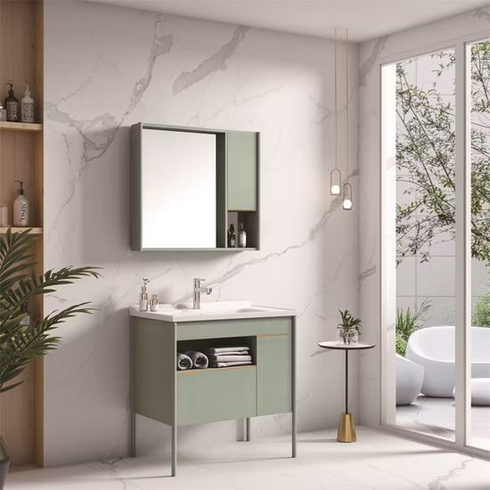 Edelstahl-PVC-Aluminium-Badezimmer-Massivholz-Wandwaschbecken-Kosmetikspiegelschrank