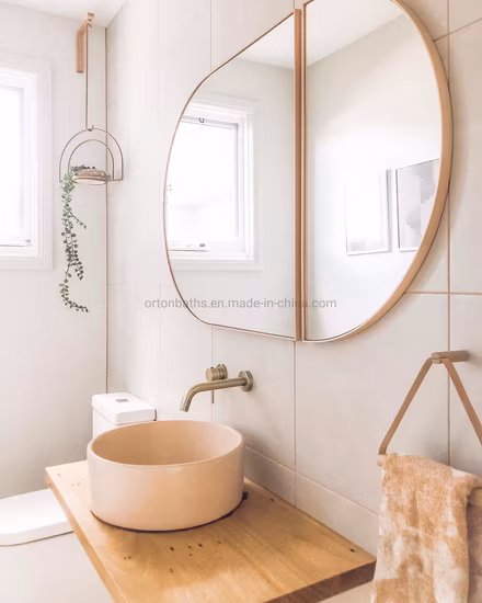 ORTONBATH Neues Design, goldfarben, dekorativer Bad-Home-Smart-Wandspiegel ohne LED, Badezimmer-Designer-Kunstspiegel mit Ablage