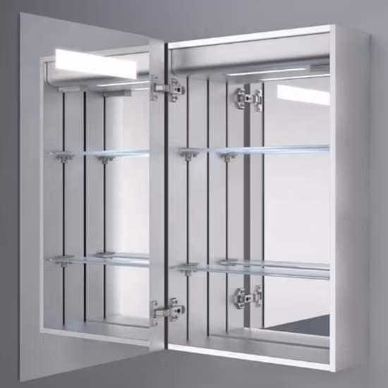 Moderne, an der Wand montierte Badezimmerschränke aus Holz, Aluminium, MDF, PVC, Möbel, Sanitär-Waschtisch, LED-Spiegel, verspiegelter Medizin-Badezimmerschrank